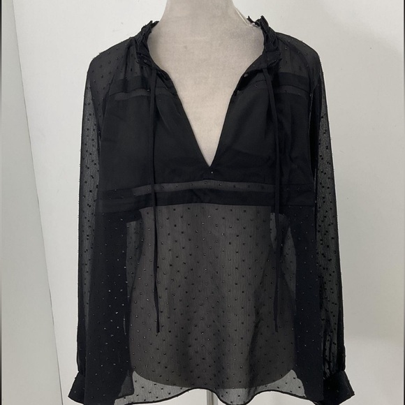 NWOT All Saints Black Sheer LS Blouse with Dotted Pattern Size M
